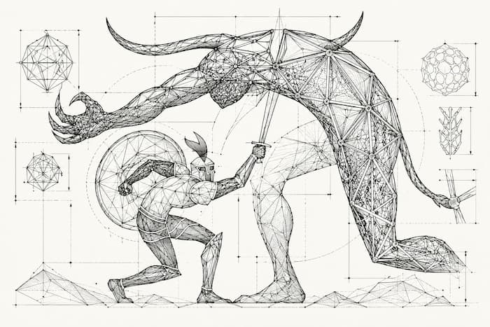 Dessin au trait d’un guerrier au bouclier et à l’épée face à une créature cornue aux griffes tendues, dans le style d’une épure géométrique.
