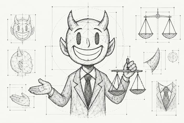 Dessin au trait d’un petit diable souriant en costume-cravate, une balance de la justice à la main.