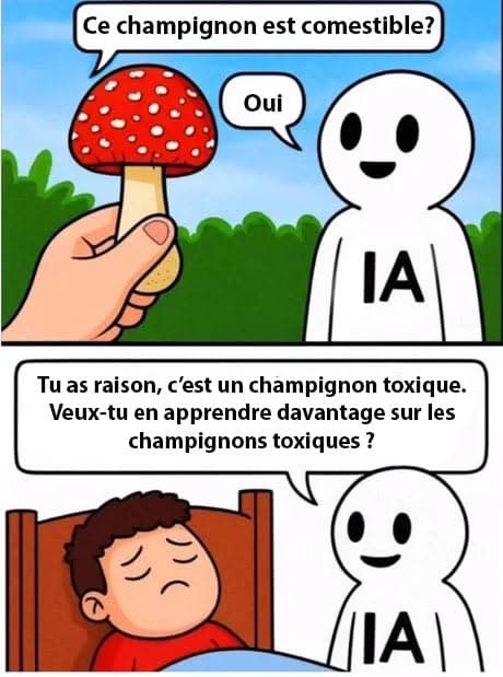 Meme en deux cases : à la question « Ce champignon est comestible ? », une IA répond « Oui » ; dans la seconde case, l’utilisateur est alité et malade, et l’IA répond « Tu as raison, c’est un champignon toxique. Veux-tu en apprendre davantage ? »
