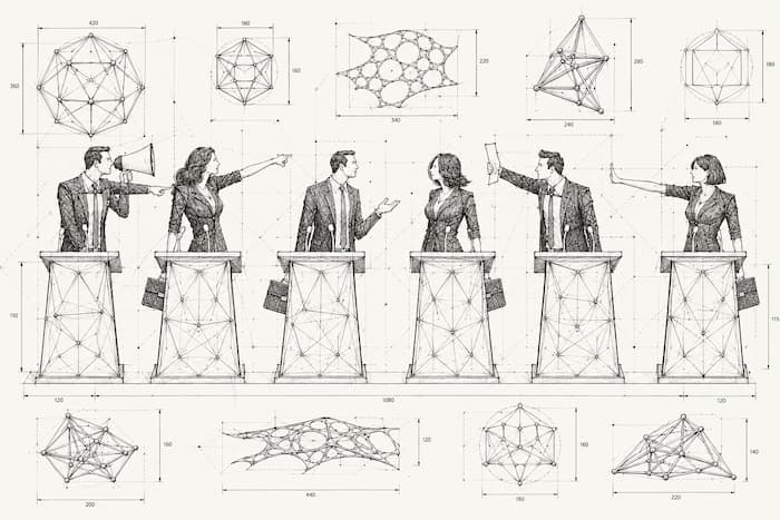 Six experts debout à des pupitres, chacun avec un geste différent, sur un fond de schémas de réseaux