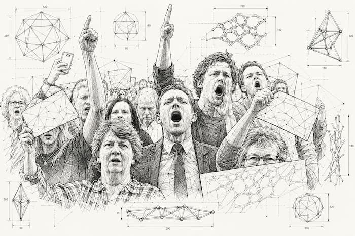 Foule aux bras levés et bouches ouvertes, dessinée sur un fond de schémas de réseaux